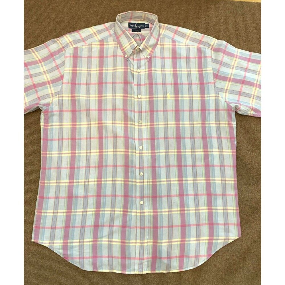 Ralph Lauren Button Shirt Mens XL Blake Short Sleeve Plaid Preppy Cotton Camp